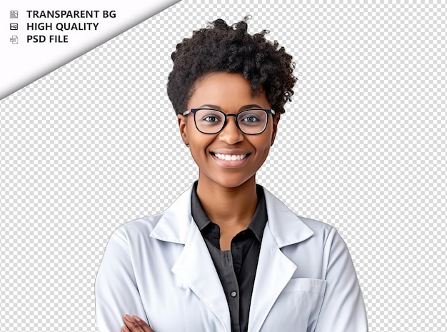 PSD mulher cientista negra em fundo branco branco isolado