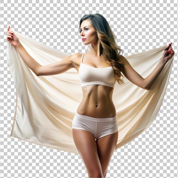 PSD mulher cobrindo seu corpo magro com tecido de seda novamente fundo transparente