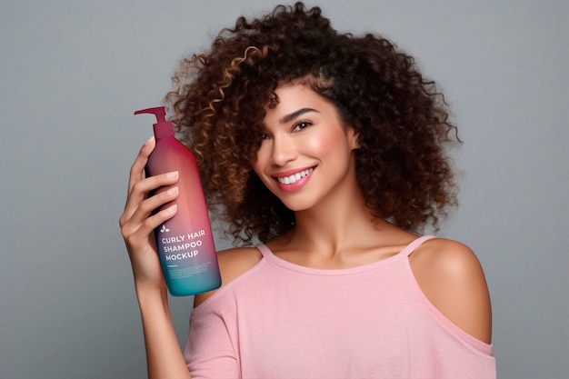 PSD mulher com cabelo encaracolado segurando um modelo de shampoo