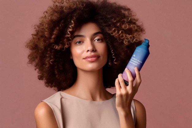 PSD mulher com cabelo encaracolado segurando um modelo de shampoo