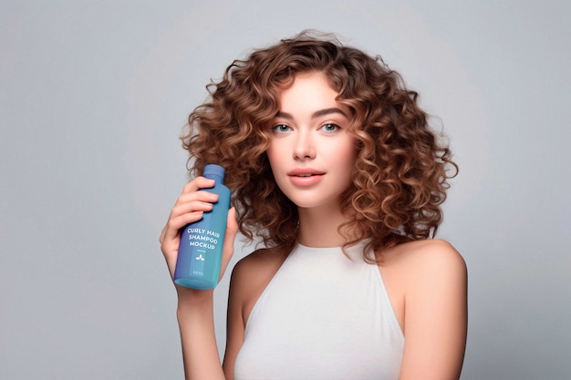 Mulher com cabelo encaracolado segurando um modelo de shampoo