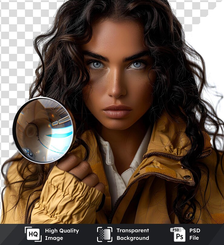 PSD mulher com cabelos encaracolados segura uma lupa revelando imagens transparentes detalhes do retrato em close-up