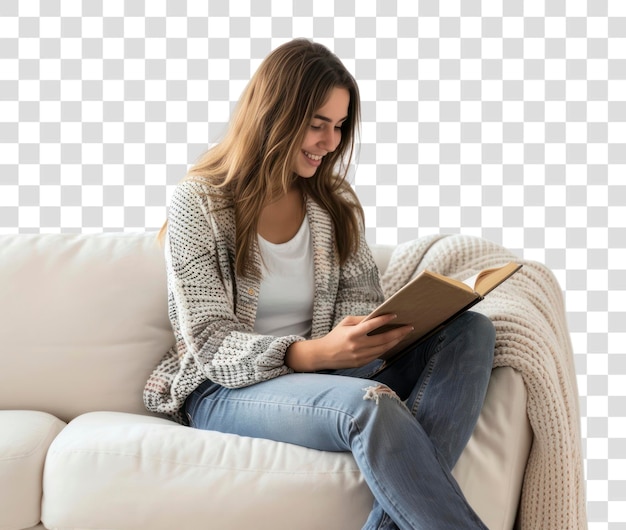 Mulher com caderno a ler sentada no sofá