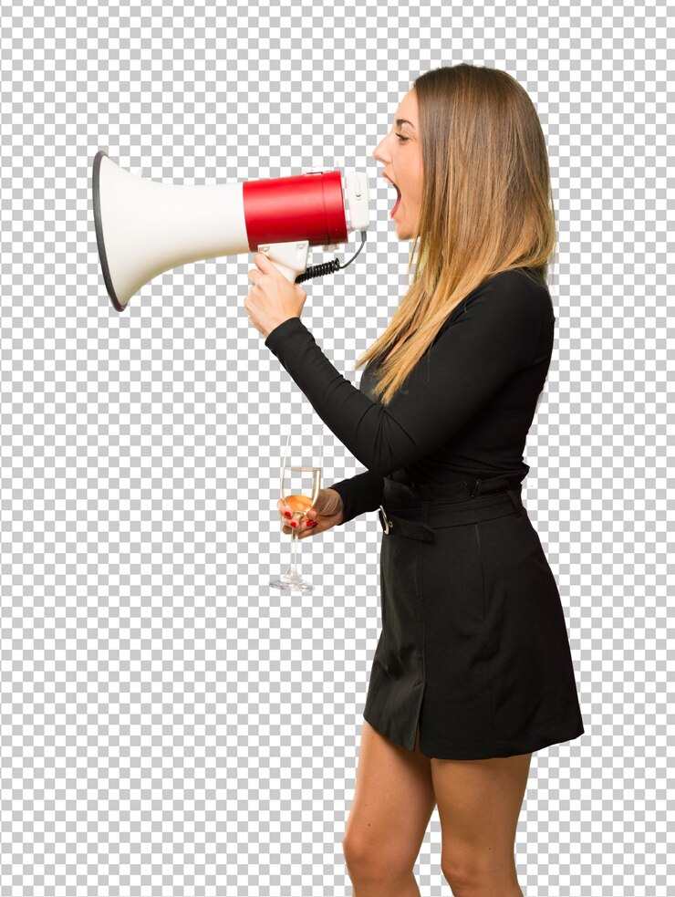 PSD mulher, com, champanhe, celebrando, ano novo, 2019, shouting, através, um, megafone