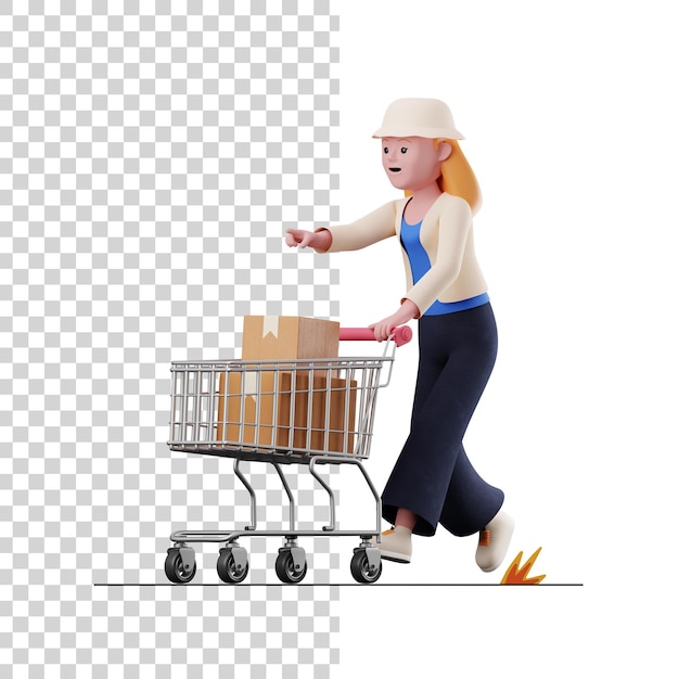 Mulher com ilustração 3D do carrinho