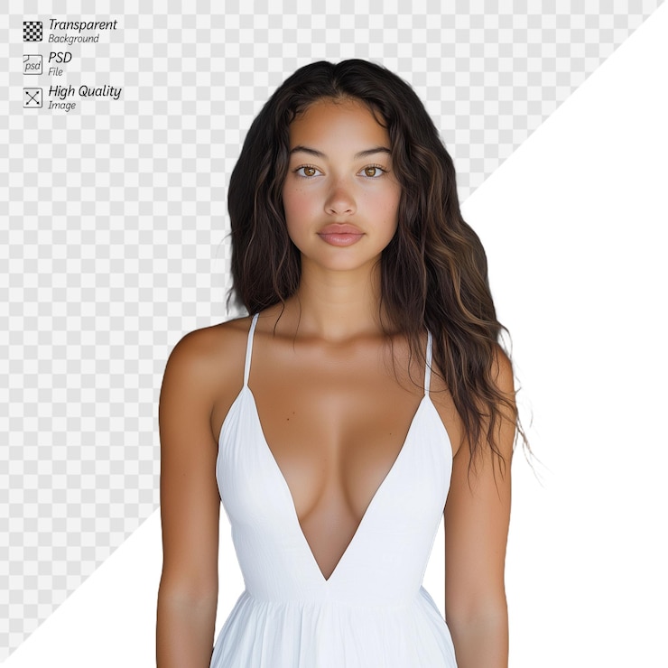 PSD mulher com longos cabelos castanhos ondulados em um vestido branco olhando para a frente em um fundo transparente