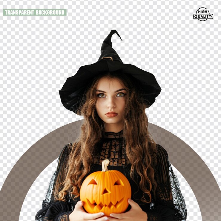 PSD mulher com maquiagem de halloween e com abóbora esculpida
