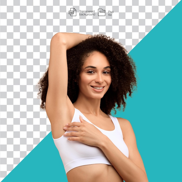 PSD mulher com o braço levantado mostrando a axila e sorrindo em fundo transparente