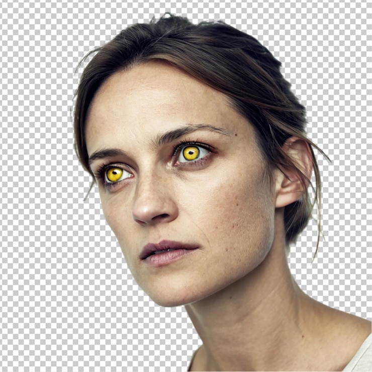 PSD mulher com olhos amarelos em fundo branco claro