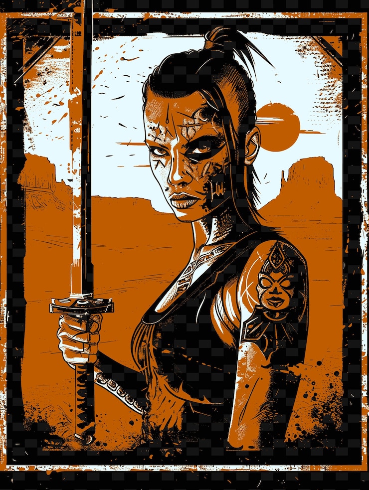 PSD mulher com rosto tatuado segurando uma espada post-apocaliptic png poster background designs