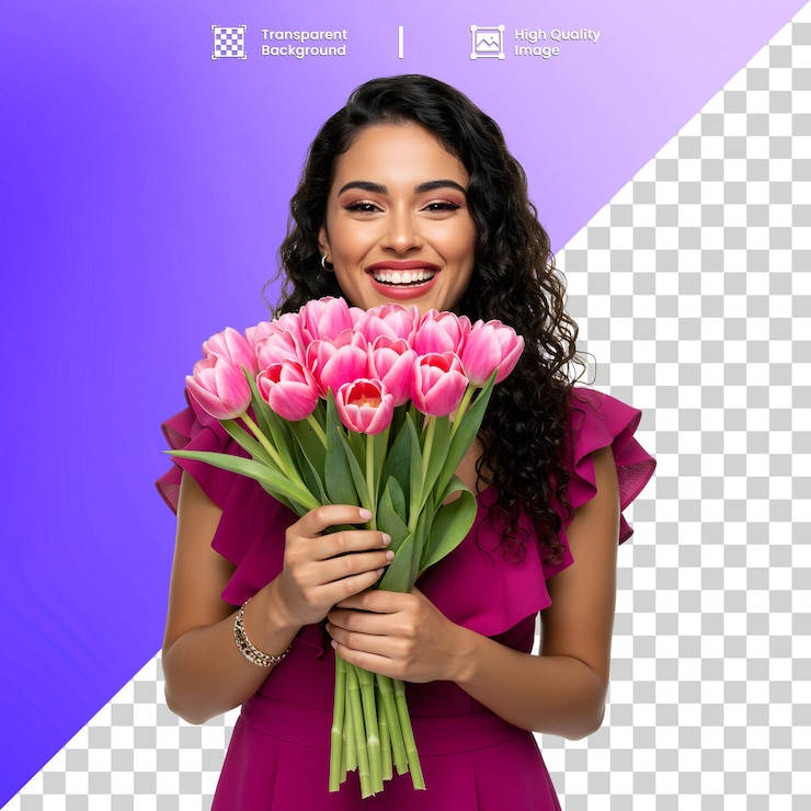 PSD mulher com tulipas rosa mulher sorridente com buque de tulipas rosas