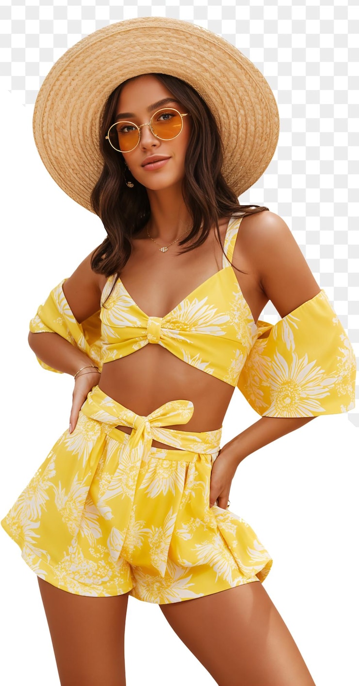 PSD mulher com um conjunto de duas peças floral amarelo e chapéu de sol
