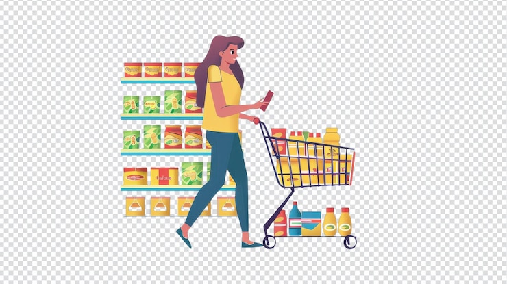 PSD mulher com um smartphone usando um carrinho de compras para uma experiência eficiente de compras de supermercado na vida moderna