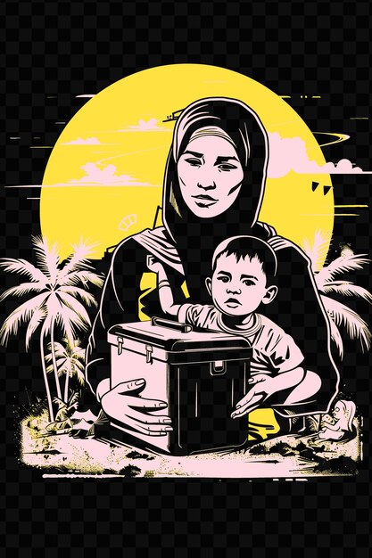 Mulher com uma criança em um campo de refugiados design de cartaz com trop psd poster banner design art refugee