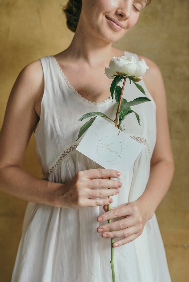 PSD mulher com uma flor de snowboard de paeonia branca e uma maquete de cartão