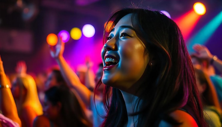 PSD mulher dançando alegremente em uma festa com luzes coloridas