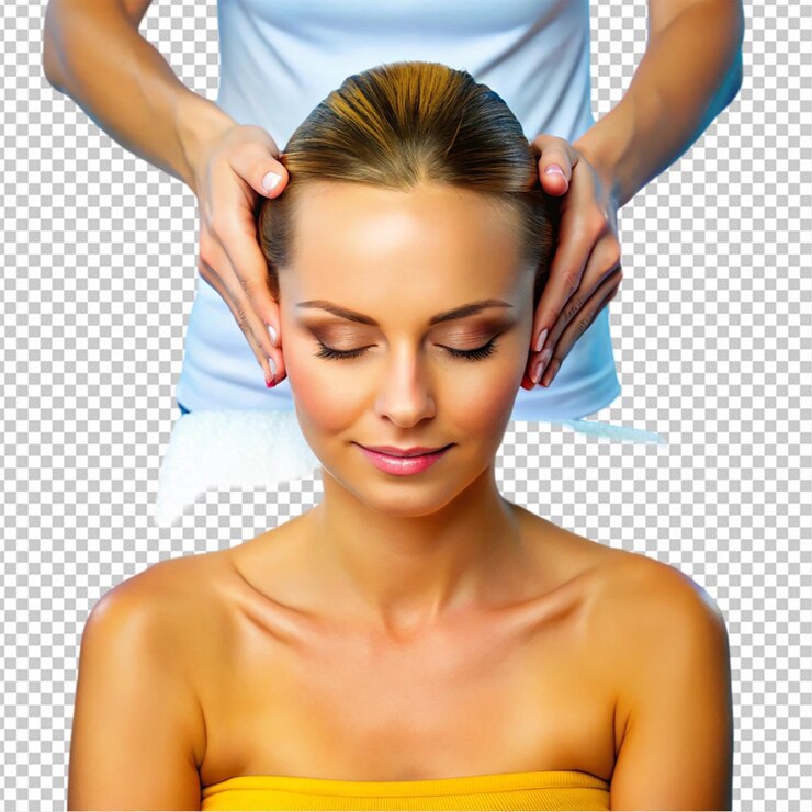 PSD mulher dando a si mesma uma massagem salp em fundo branco