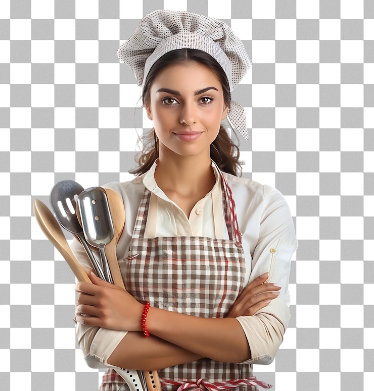PSD mulher de avental com utensílios de cozinha em um fundo transparente