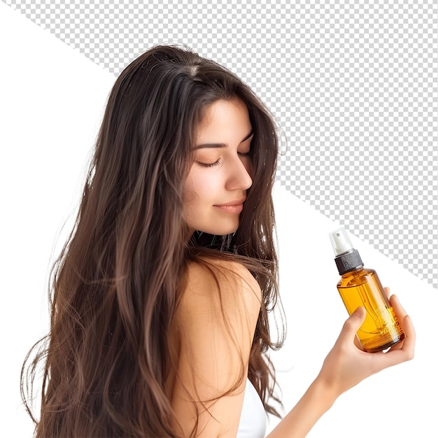 PSD mulher de cabelo bonito png ilustração transparente de cuidados com o cabelo mulher mostrando óleo para o cabelo cuidados com o cabelo