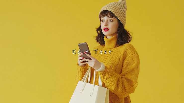 PSD mulher de camisola amarela usa telefone segurando bolsa de compras contra fundo amarelo