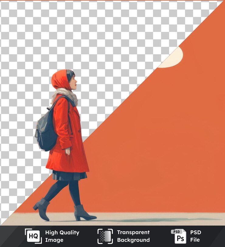 PSD mulher de desenho animado premium de alta qualidade com bolha de fala usando um sapato branco e carregando uma bolsa cinza e preta com uma perna preta visível em primeiro plano