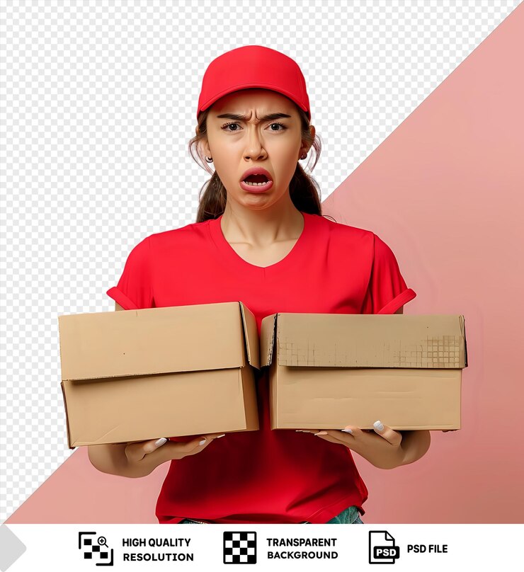 PSD mulher de entrega de camiseta branca com boné vermelho segurando caixas de comida com expressão de descontentamento na frente de fundo rosa