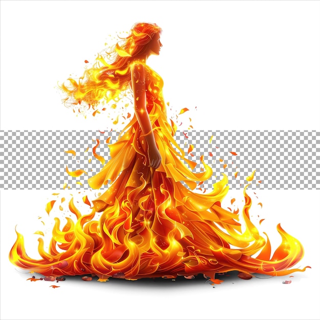 PSD mulher de fogo menina ardente isolada em fundo transparente