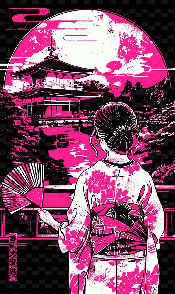 PSD mulher de kimono segurando um ventilador jardim japonês no fundo desenhos de fundo de cartaz png