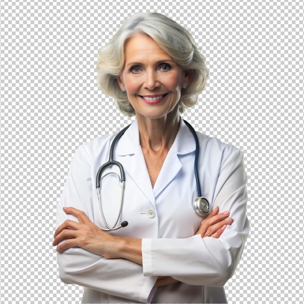 Mulher de meia-idade com uniforme de médico em fundo transparente