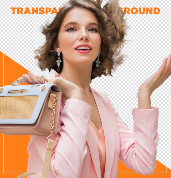 mulher de moda feliz segurando bolsa com brincos