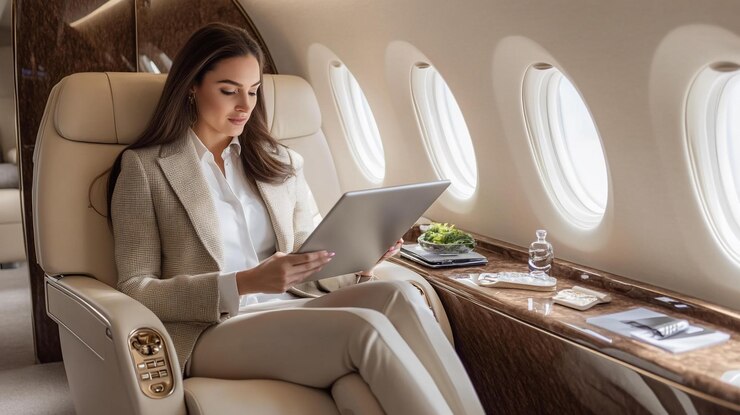 PSD mulher de negócios a trabalhar num tablet num avião privado.