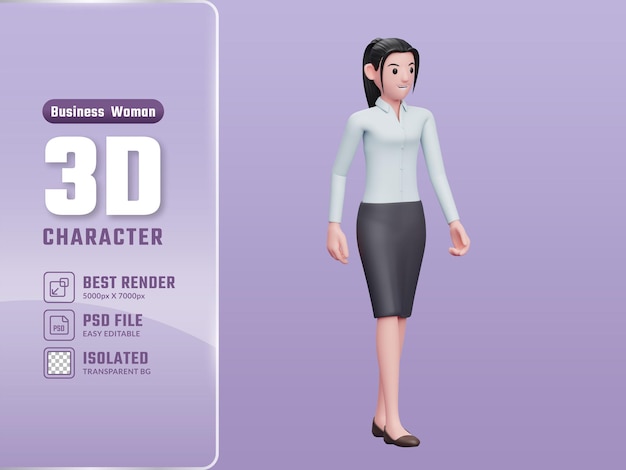 Mulher de negócios andando vestindo camisa longa e saia 3D render ilustração de personagem de mulher de negócios