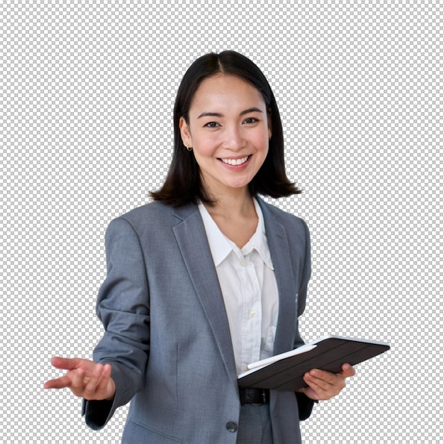 Mulher de negócios apresentando um tablet sorrindo e gestando com confiança
