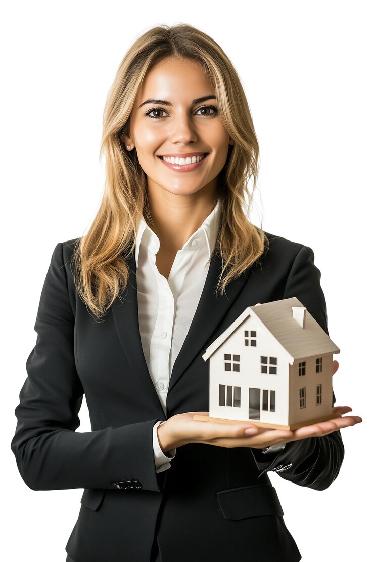 PSD mulher de negócios de terno, smile, modelo de casa, fundo transparente, conceito imobiliáriopng