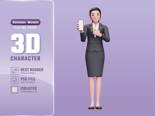 Mulher de negócios em traje formal, apontando para a tela do telefone 3d render ilustração de personagem