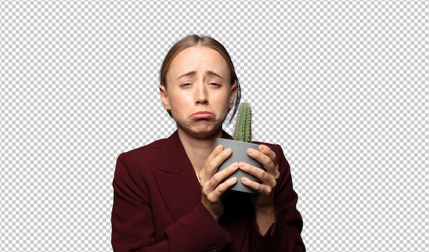 mulher de negócios segurando um cacto decorativo