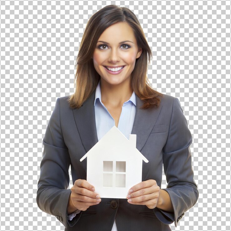 PSD mulher de negócios sorridente segurando um modelo de casa isolado em fundo transparente