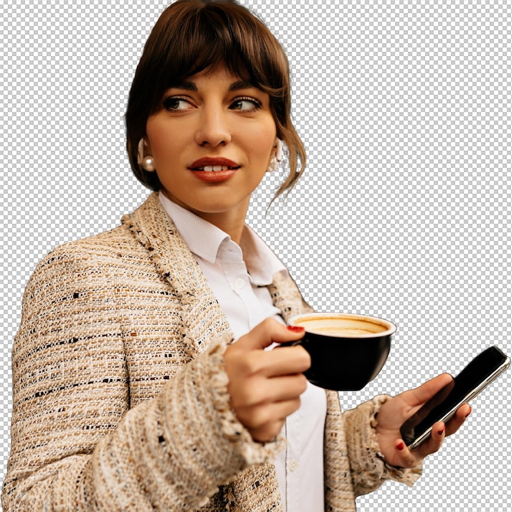 PSD mulher de negócios trabalhando com smartphone enquanto bebe café lá fora, no fundo da cidade. foto de alta qualidade