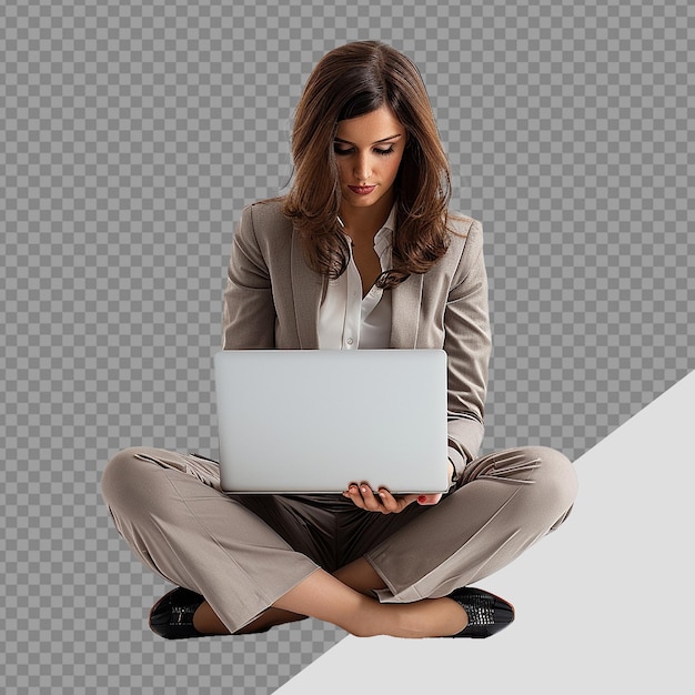 Mulher de negócios usando laptop png isolado em fundo transparente