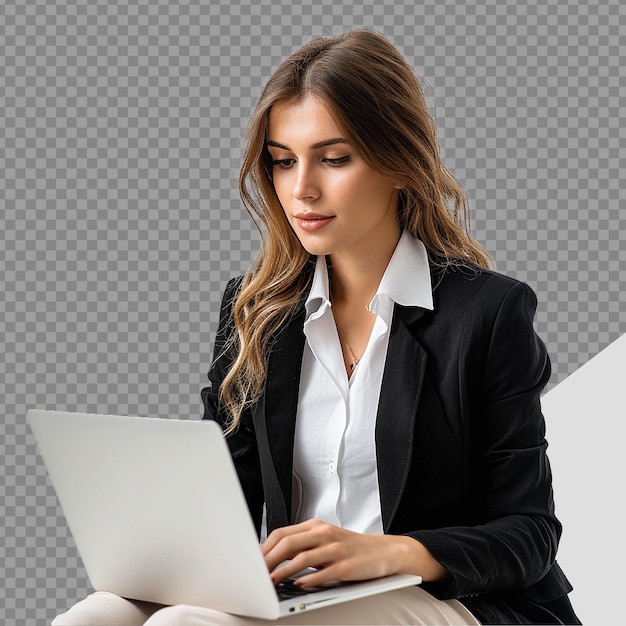 PSD mulher de negócios usando laptop png isolado em fundo transparente