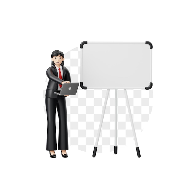 Mulher de personagem 3D com laptop apresentando