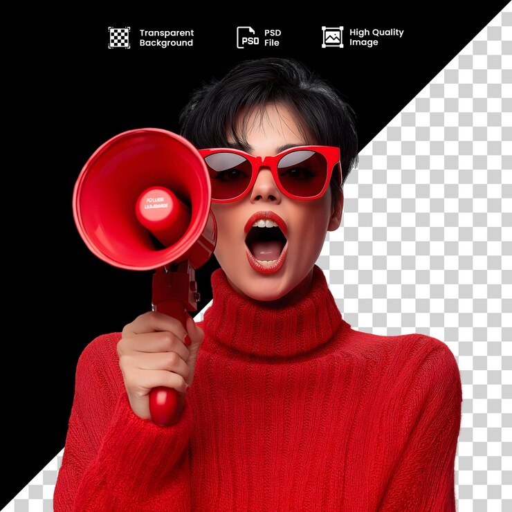 PSD mulher de png de camisola vermelha com megafone e óculos de sol para anúncio