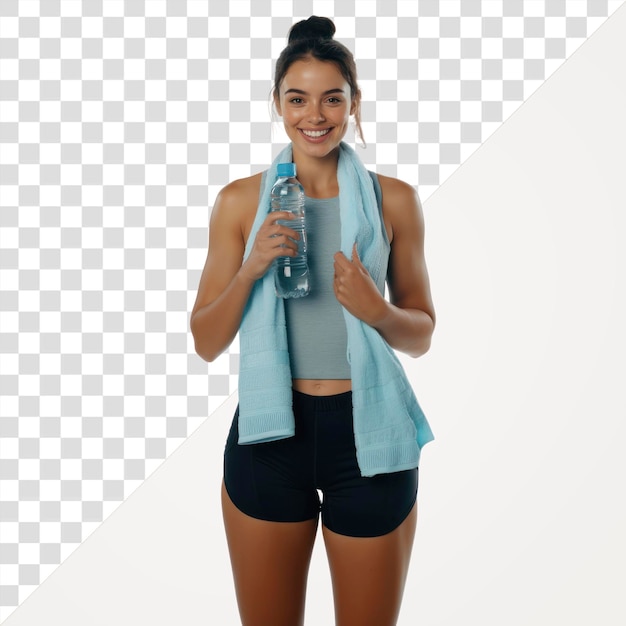 Mulher de PNG sorrindo e segurando garrafa de esporte toalha de água de fitness
