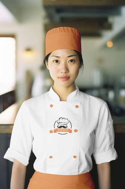 PSD mulher de porte médio vestindo uniforme de chef japonês