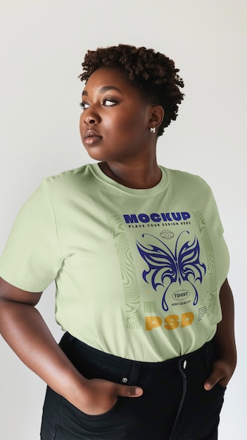 Mulher de tamanho maior vestindo uma maquiagem de camiseta