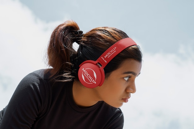 PSD mulher de vista lateral usando fones de ouvido ao ar livre