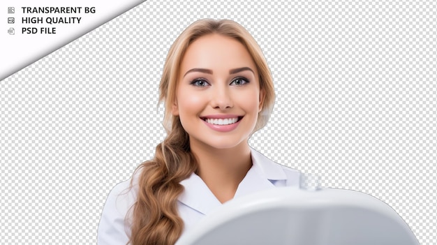 PSD mulher dentista europeia em fundo branco isolado branco