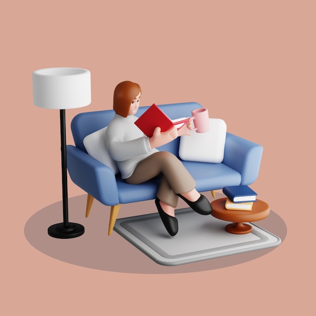Mulher desfrutando de um livro em um sofá azul com um café