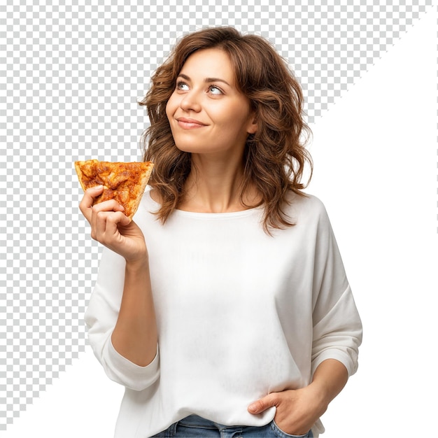 Mulher desfrutando de uma fatia de pizza