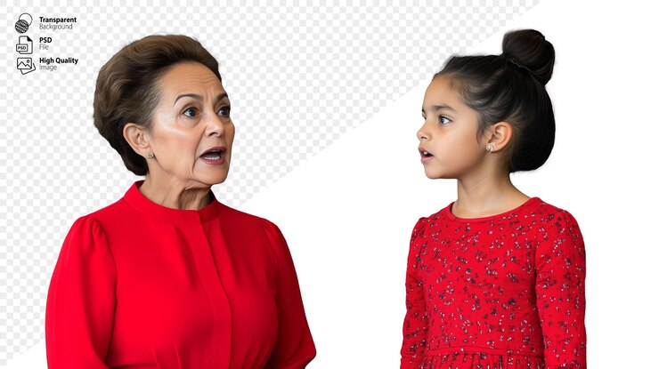 Mulher e menina de vestidos vermelhos conversando em um fundo transparente